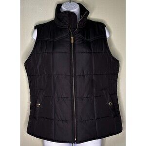 Chaps Quilted Puffer Vest Gold Zipper Snaps Corduroy Collar Womens Medium Black